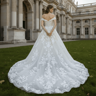 Off-the-shoulder Wedding Dress Puffy Tulle Ball Gown Bridal Dress - Rosymae