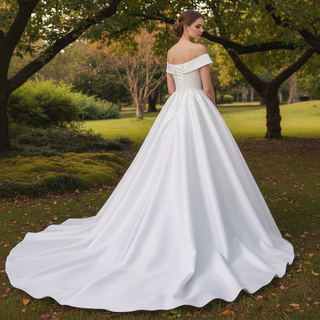 Plunging V Off The Shoulder Ball Gown Satin Bridal Gowns