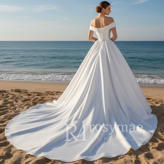 Plunging V Off The Shoulder Ball Gown Satin Bridal Gowns