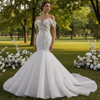 Robe de mariée trompette au design unique et épaules dénudées pour les mariées branchées