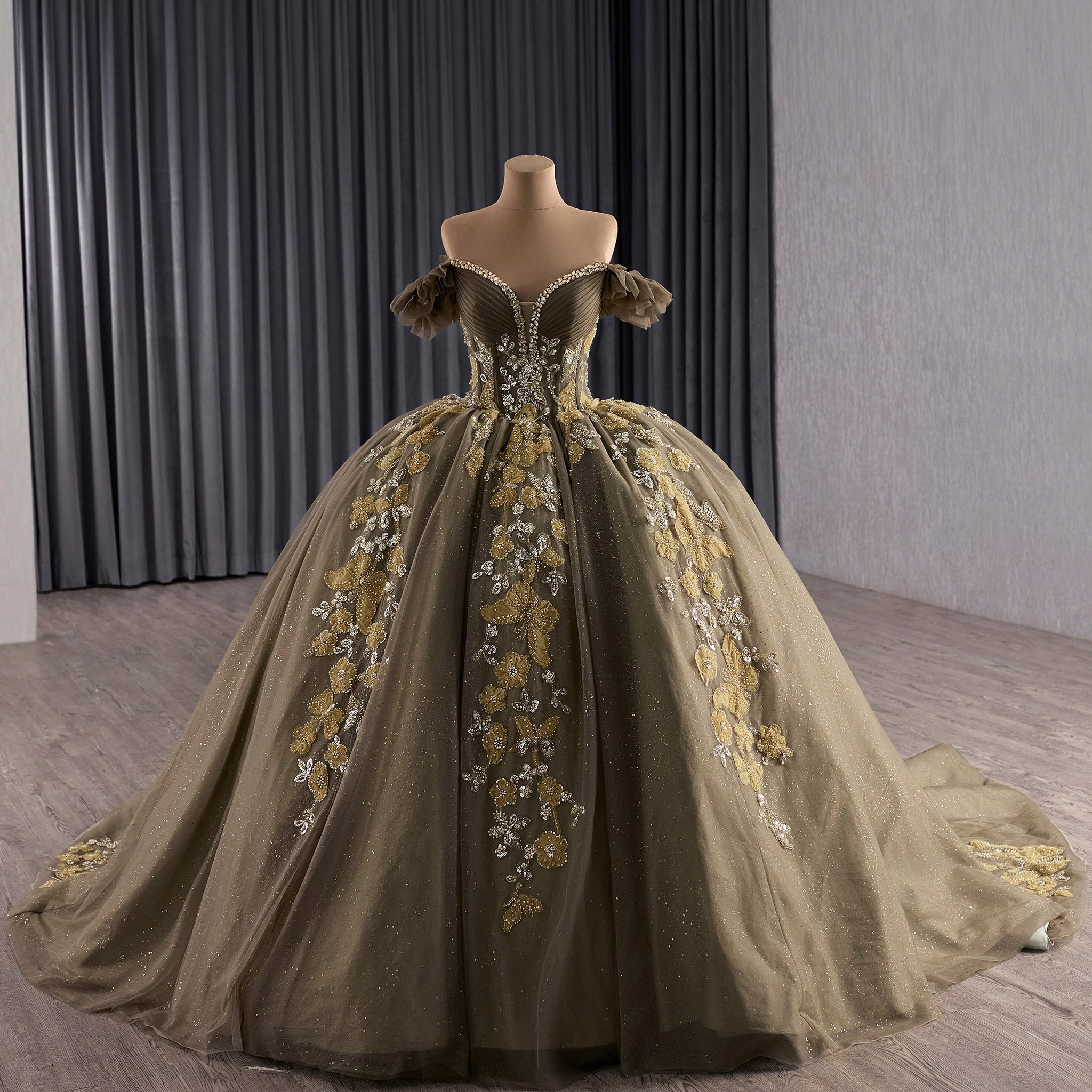 Olive Green Off Shoulder Quinceanera Dress Robes De Soirée Vestidos De 15 Anos - Rosymae
