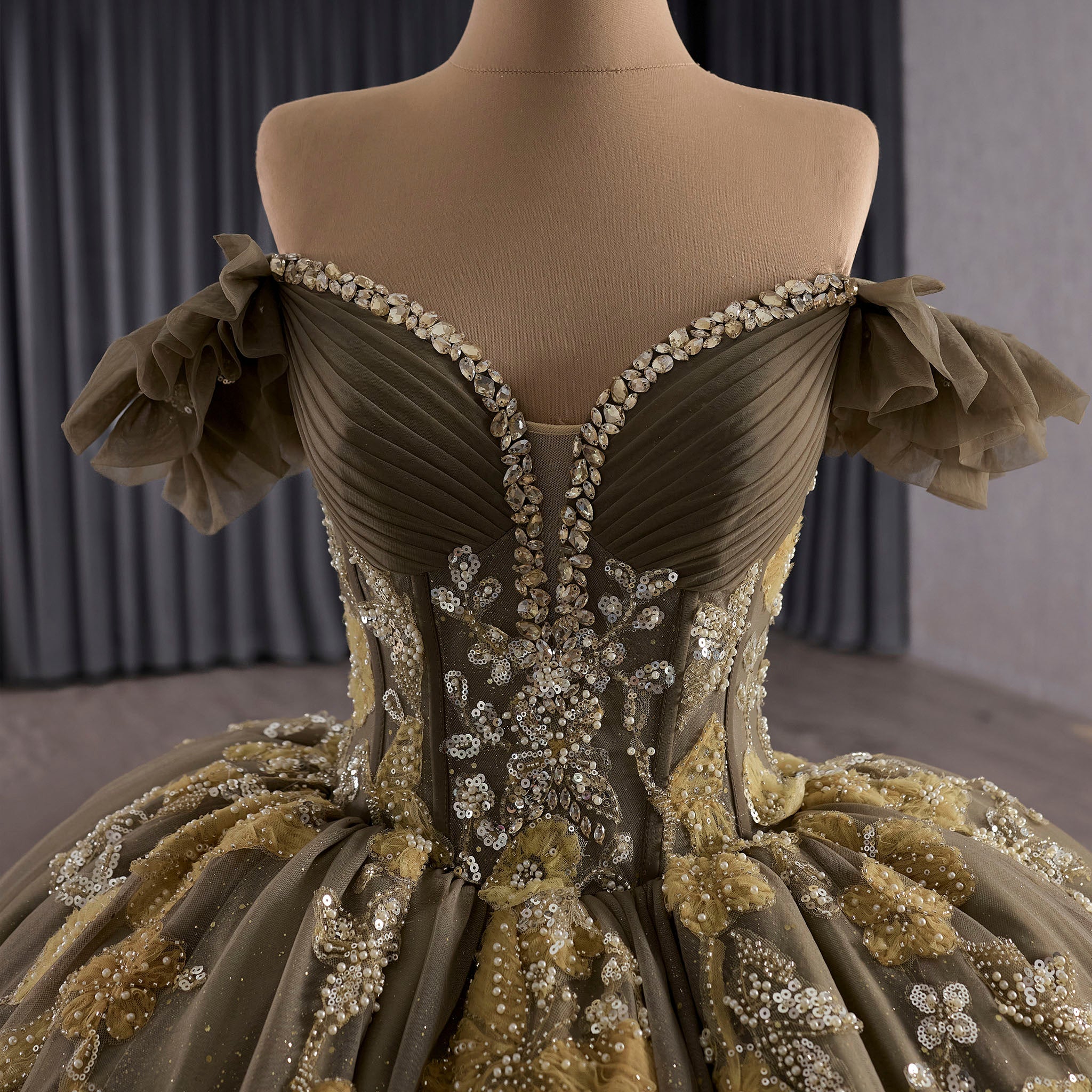 Olive Green Off Shoulder Quinceanera Dress Robes De Soirée Vestidos De 15 Anos - Rosymae