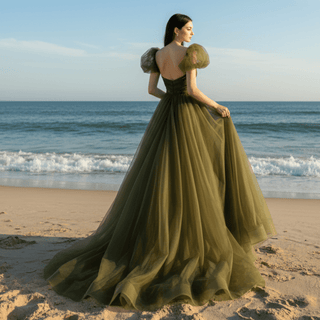 Olive Tulle A-line Formal Dress Party Gown with Short Sleeve - Rosymae