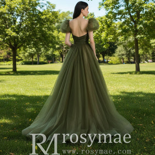 Olive Tulle A-line Formal Dress Party Gown with Short Sleeve - Rosymae