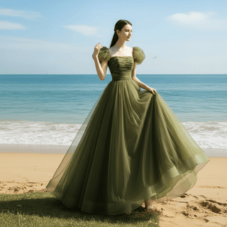 Olive Tulle A-line Formal Dress Party Gown with Short Sleeve - Rosymae