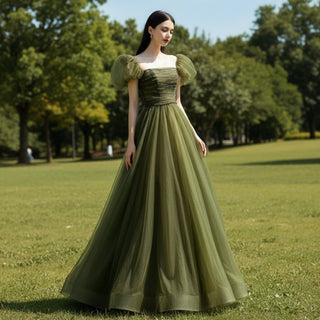 Olive Tulle A-line Formal Dress Party Gown with Short Sleeve - Rosymae
