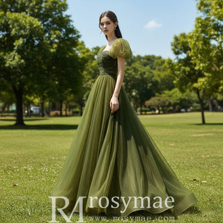 Olive Tulle A-line Formal Dress Party Gown with Short Sleeve - Rosymae