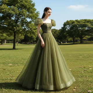 Olive Tulle A-line Formal Dress Party Gown with Short Sleeve
