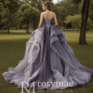 Ombre Purple-to-Grey Ball Gown with Cascading Tulle Ruffles Quinceanera Dress - Rosymae
