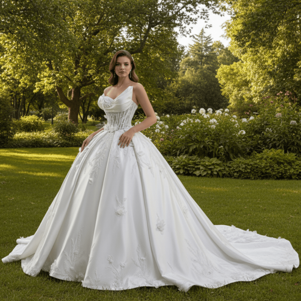 One Sholulder Ball Gown Wedding Dress with Asymmetrical Neckline