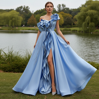Unique One Shoulder Ruffle Formal Gown Prom Dress with Leg Slit