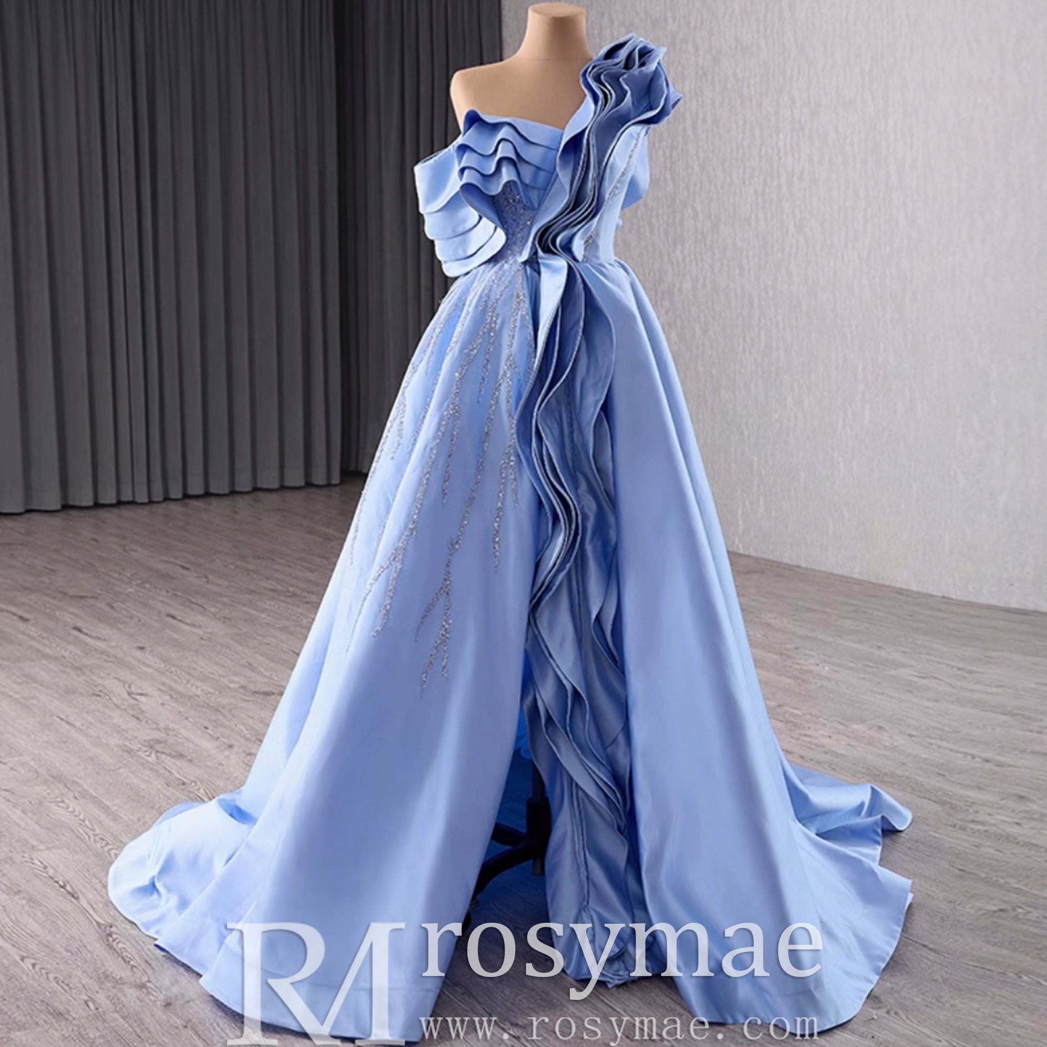 Unique One Shoulder Ruffle Formal Gown Prom Dress with Leg Slit China Blue / 26W Unique One Shoulder Ruffle Formal Gown Prom Dress with Leg Slit China Blue / 26W