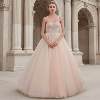 One Shoulder Applique Lace Puffy Skirt Bridal Wedding Dress - Rosymae