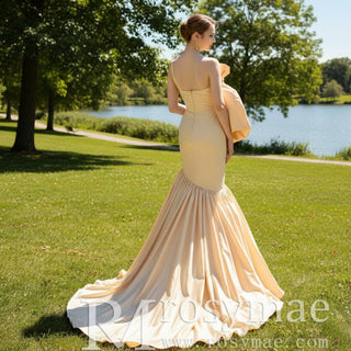 One-Shoulder Asymmetric Ruched Champagne Wedding Dress - Rosymae