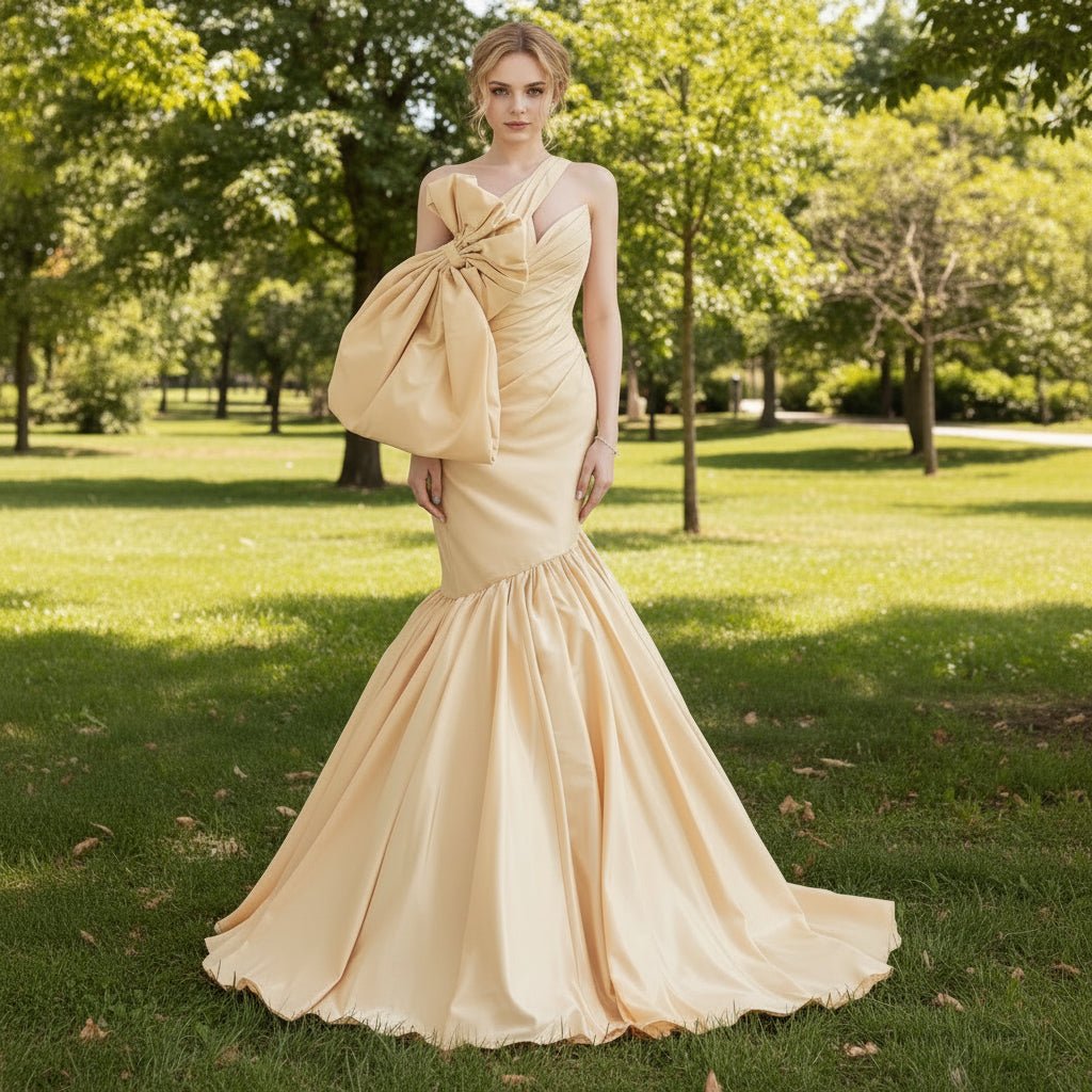 One-Shoulder Asymmetric Ruched Champagne Wedding Dress Ivory / 4