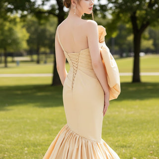 One-Shoulder Asymmetric Ruched Champagne Wedding Dress - Rosymae