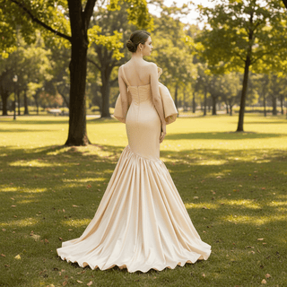 One-Shoulder Asymmetric Ruched Champagne Wedding Dress - Rosymae