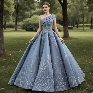 Unique Gray Ball Gown Formal Gown Prom Dress with One Shoulder