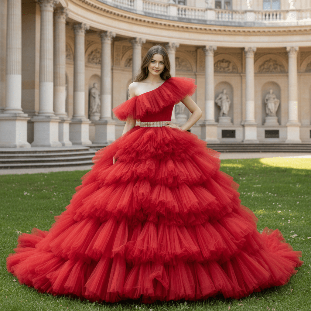 One Shoulder Ball Gown Tulle Red Wedding Dress Luxury Gown - Rosymae