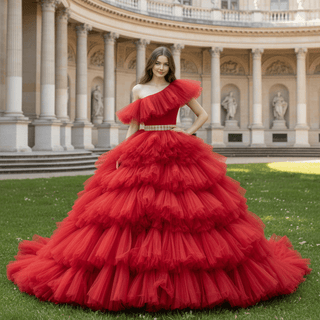 One Shoulder Ball Gown Tulle Red Wedding Dress Luxury Gown - Rosymae