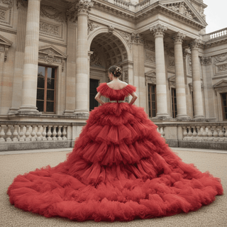One Shoulder Ball Gown Tulle Red Wedding Dress Luxury Gown - Rosymae