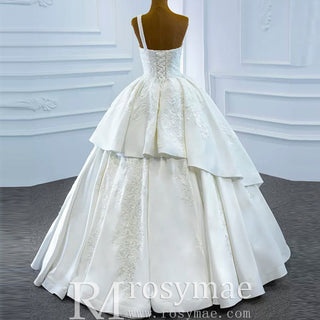One Shoulder Ball Gown Wedding Dress Lace Appliqued Satin Bridal Gown - Rosymae