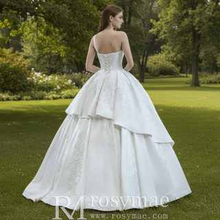 One Shoulder Ball Gown Wedding Dress Lace Appliqued Satin Bridal Gown - Rosymae