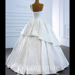 One Shoulder Ball Gown Wedding Dress Lace Appliqued Satin Bridal Gown - Rosymae