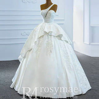 One Shoulder Ball Gown Wedding Dress Lace Appliqued Satin Bridal Gown - Rosymae