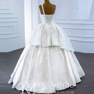 One Shoulder Ball Gown Wedding Dress Lace Appliqued Satin Bridal Gown - Rosymae