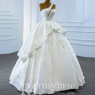One Shoulder Ball Gown Wedding Dress Lace Appliqued Satin Bridal Gown - Rosymae