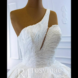One Shoulder Ball Gown Wedding Dress Lace Appliqued Satin Bridal Gown - Rosymae