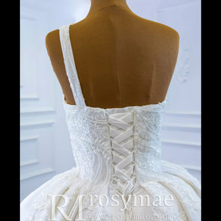 One Shoulder Ball Gown Wedding Dress Lace Appliqued Satin Bridal Gown - Rosymae
