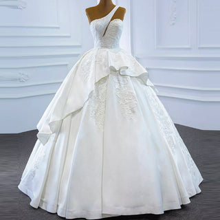 One Shoulder Ball Gown Wedding Dress Lace Appliqued Satin Bridal Gown - Rosymae