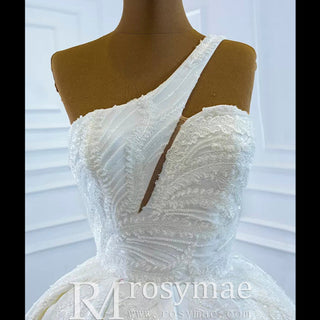 One Shoulder Ball Gown Wedding Dress Lace Appliqued Satin Bridal Gown - Rosymae