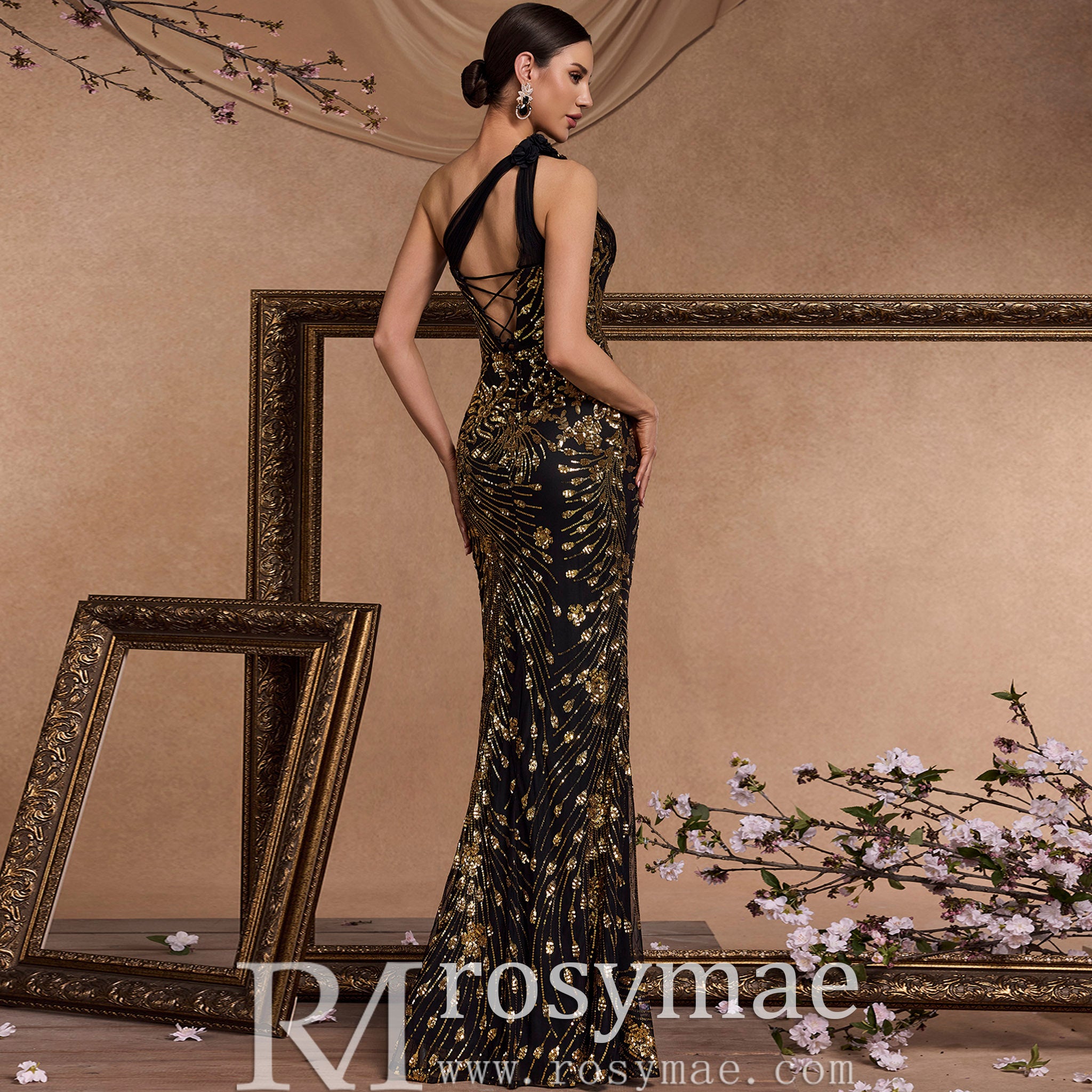 Elegant Black and Gold One-Shoulder Long Formal Dress with Leg Slit Black / 1XL Elegant Black and Gold One-Shoulder Long Formal Dress with Leg Slit Black / 1XL