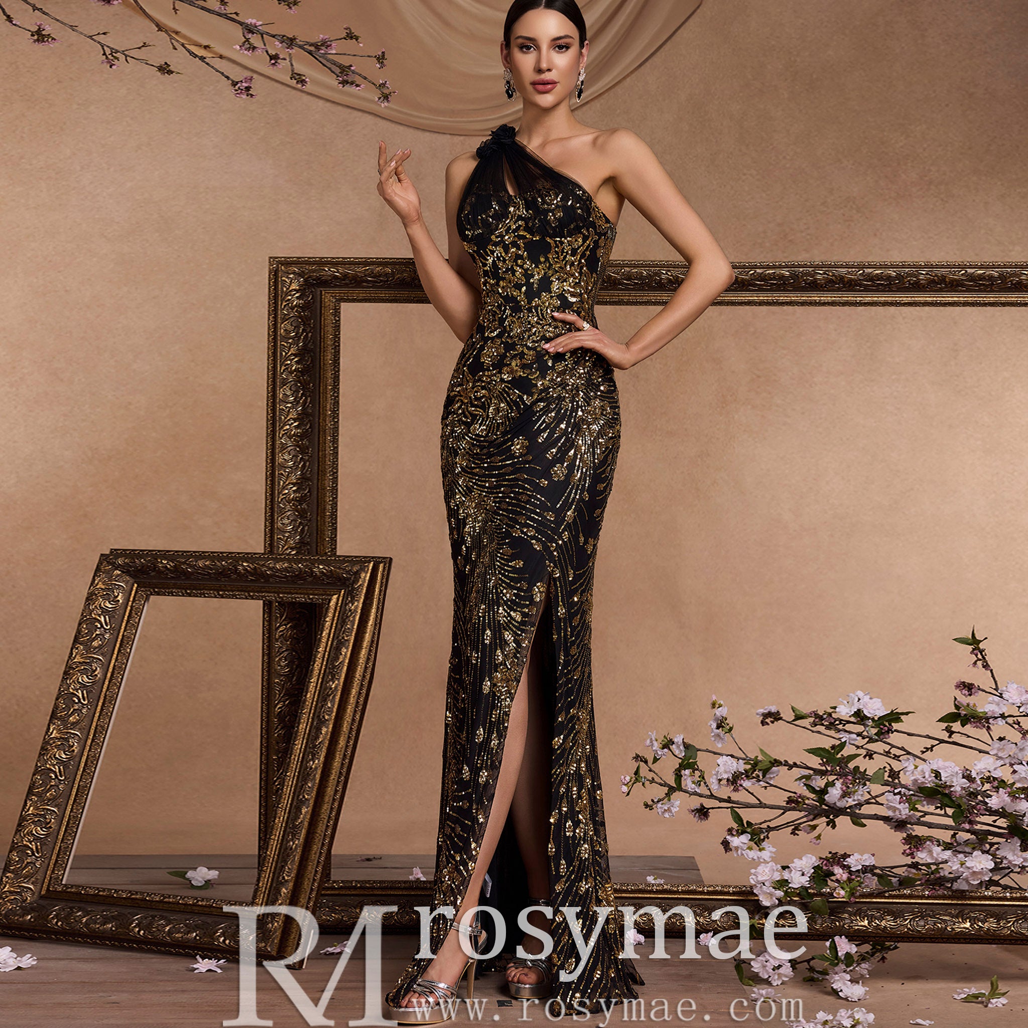 Elegant Black and Gold One-Shoulder Long Formal Dress with Leg Slit Black / 1XL Elegant Black and Gold One-Shoulder Long Formal Dress with Leg Slit Black / 1XL