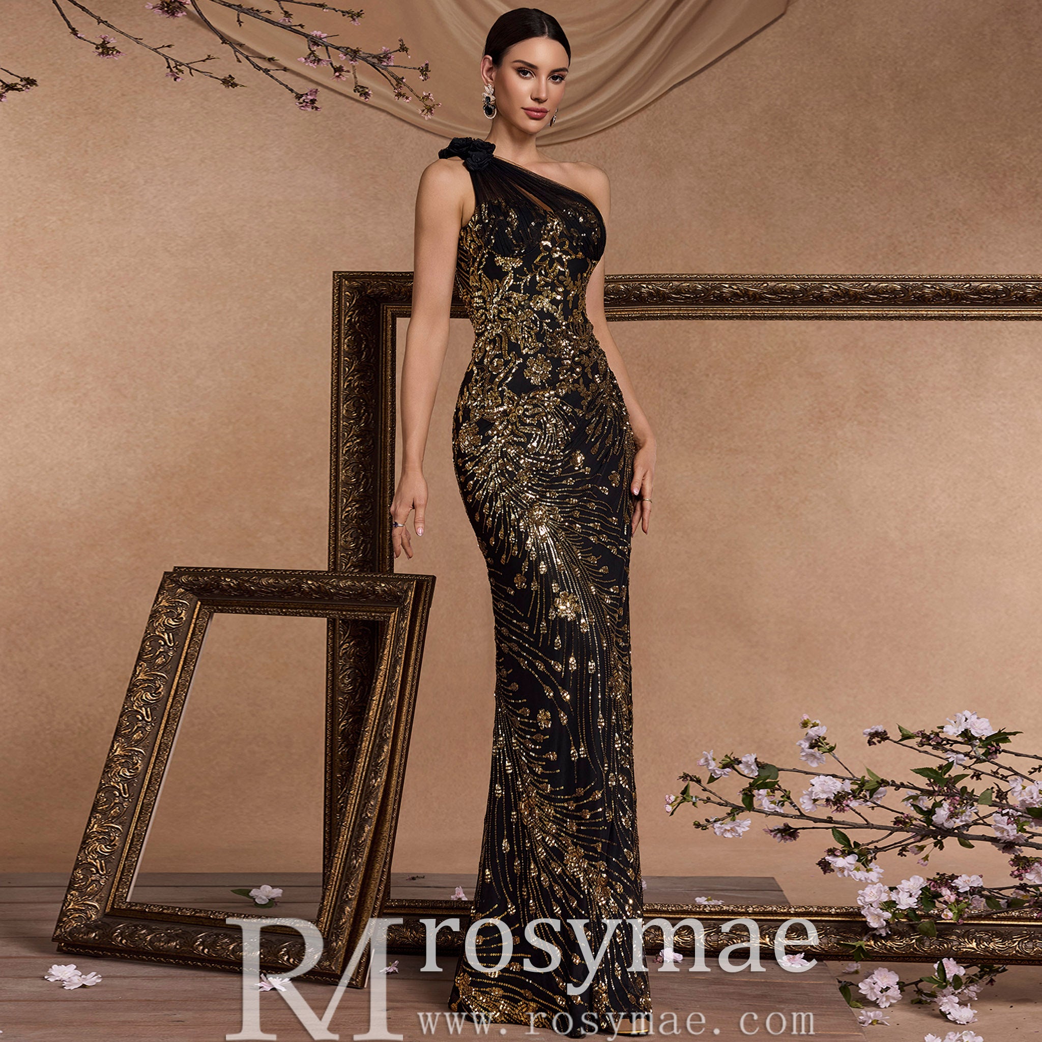 Elegant Black and Gold One-Shoulder Long Formal Dress with Leg Slit Black / 1XL Elegant Black and Gold One-Shoulder Long Formal Dress with Leg Slit Black / 1XL