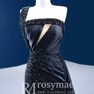 One Shoulder Black Fit and Flare Satin Wedding Dress with Beading - Rosymae