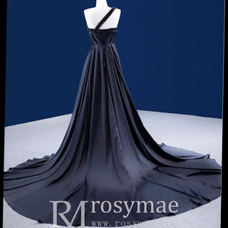 One Shoulder Black Fit and Flare Satin Wedding Dress with Beading - Rosymae