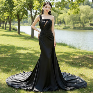 One Shoulder Black Fit and Flare Satin Wedding Dress with Beading - Rosymae