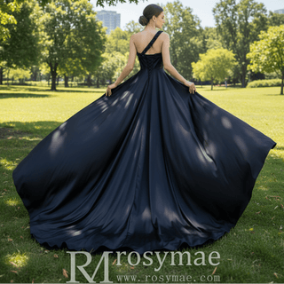 One Shoulder Black Fit and Flare Satin Wedding Dress with Beading - Rosymae