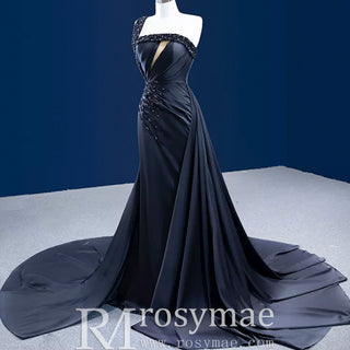 One Shoulder Black Fit and Flare Satin Wedding Dress with Beading - Rosymae