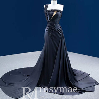 One Shoulder Black Fit and Flare Satin Wedding Dress with Beading - Rosymae