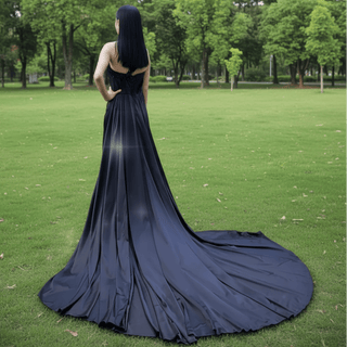 One Shoulder Black Fit and Flare Satin Wedding Dress with Beading - Rosymae