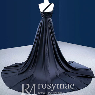 One Shoulder Black Fit and Flare Satin Wedding Dress with Beading - Rosymae