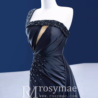 One Shoulder Black Fit and Flare Satin Wedding Dress with Beading - Rosymae