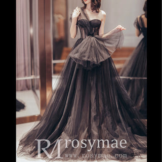 Sheer Bodice One Shoulder Ball Gown Black Wedding Dress for Women