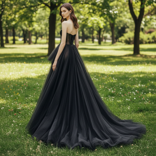 Sheer Bodice One Shoulder Ball Gown Black Wedding Dress for Women