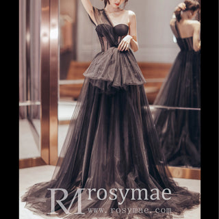 Sheer Bodice One Shoulder Ball Gown Black Wedding Dress for Women